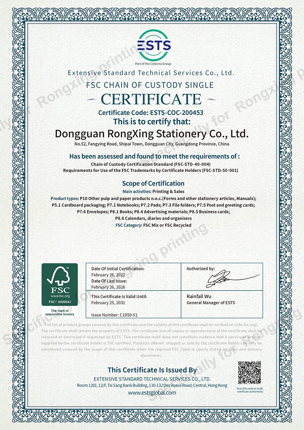 FSC® Chain of Custody Certificate